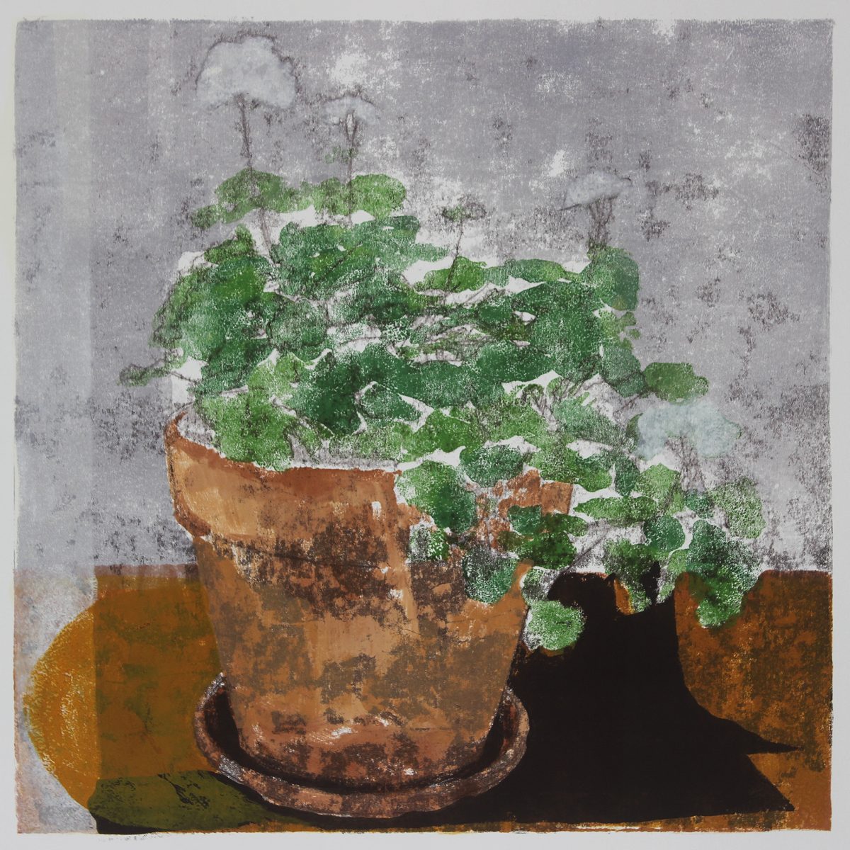 A painting of a green plant in a pot.