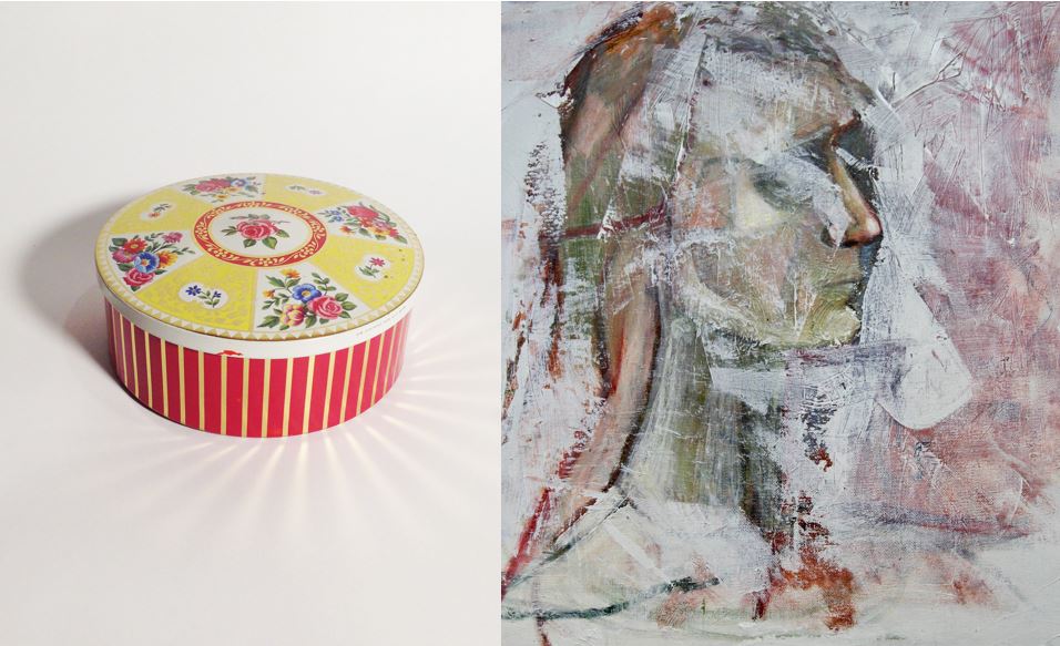 An image of a small red and yellow container with flowers on it, and an abstract painting of a persons face.