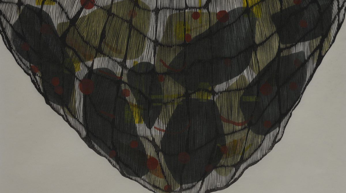 Am art piece resembling a net with dark green shapes inside.