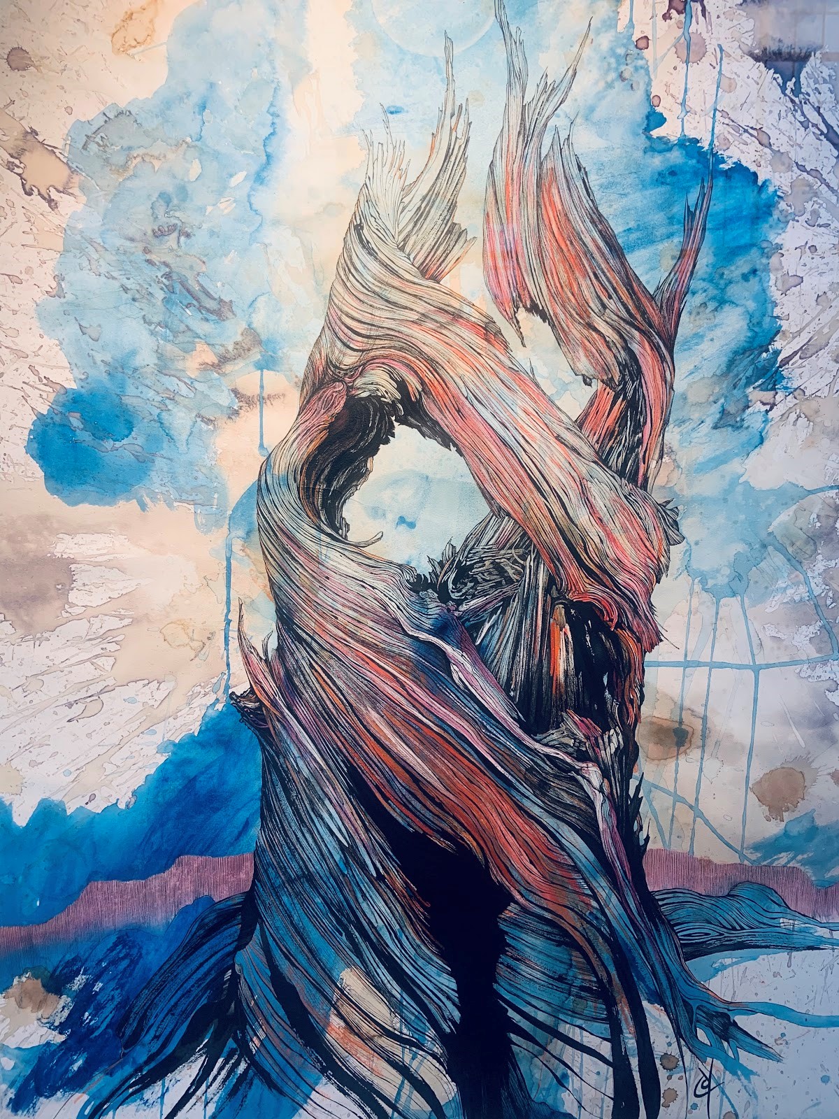 A red and blue painting of a tree trunk.