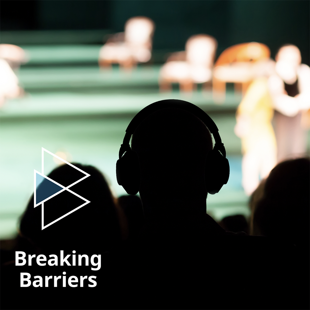 A graphic of someone wearing headphones and the text, "Breaking Barriers."