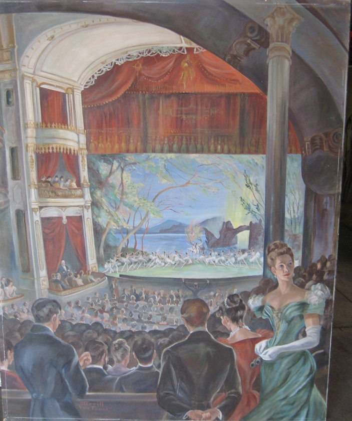 A painting of the interior of a theatre in the 1890s depicting an audience watching a ballet performance.